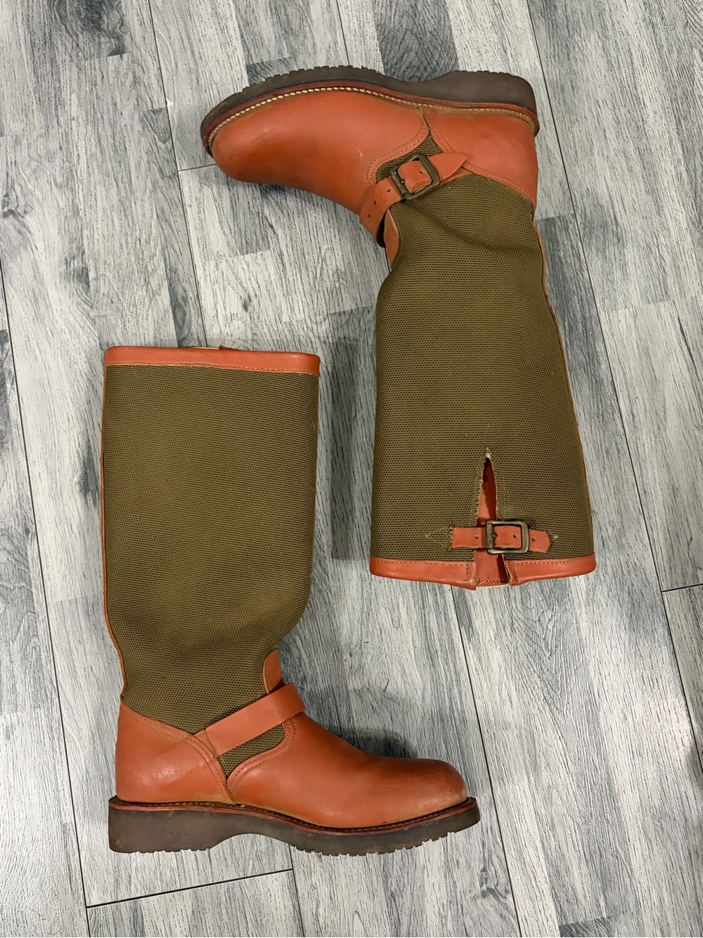 Chippewa Snake Proof 17” Olive Canvas and Cognac Leather Engineer Boots Sz 8B